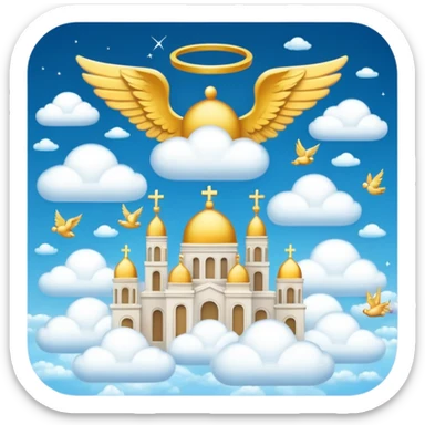 heaven with golden cities, flying angels, and clouds in the sky, emoji style sticker