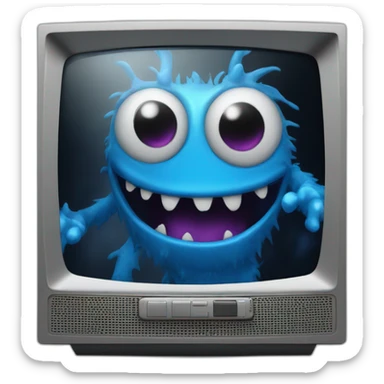 a blue monster emerging from a VHS television screen sticker