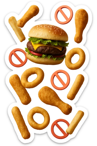 cibi fritti cadono verticalmente dall'alto con piccoli divieti in 3d, iperrealistico 4k sticker