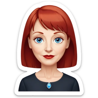 Older woman in her early 60s with fair skin, wider oval face, noticeable age lines, blue eyes, thin eyebrows, small nose, red lips, dark red hair with straight bangs, wearing a black blouse sticker