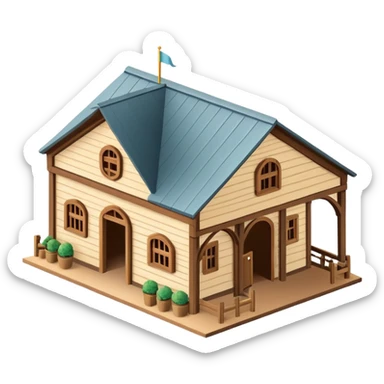 Equestrian stable exterior, isometric dollhouse-style, realistic sticker