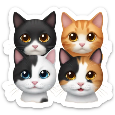2 cute cats, 1 orange cat, 1 black cat, and 1 calico kitten sticker