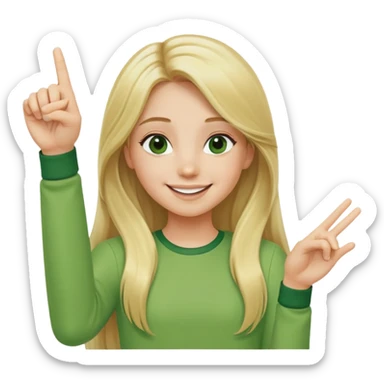 A girl with long blond hair smiles and points up with her palm as if holding something and in green clothes sticker