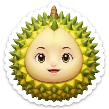 cute durian with round body, green spikes, yellow flesh, blushing, big sparkly eyes, shy sticker