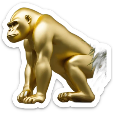 Modern golden gorilla statue on golden pedestal, close-up view sticker