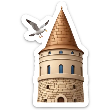 Minimalist smartphone emoji icon of Galata Tower Istanbul. Distinctive conical brown cap, stone texture, small windows. Light blue background, small seagull. Simplified building style. sticker