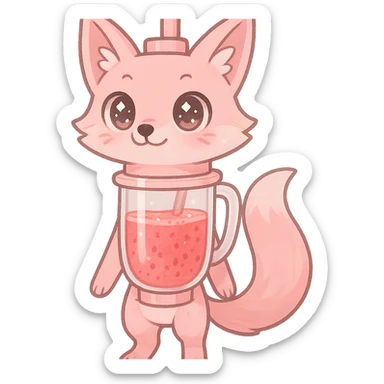 full-body pastel pink blender fox hybrid with transparent body showing a fruity smoothie inside, sparkling eyes, transparent background sticker