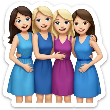 four adult white women laughing and hugging.  Two have long dark brown hair.  Two have blonde hair and blue eyes. sticker