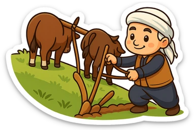 Edit the chibi cartoon sticker to match the exact arrangement of the yoke and traditional plow (نیر و ئامور) between the two cows, just like the new reference image. The farmer should be holding the plow, and the cows should be positioned as in the reference, on a green hillside, in a cheerful and colorful style with a transparent background. sticker