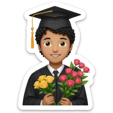 Graduated Students, Male,  brown skin, black curly hair, wearing graduation cap, holding bouquet of flowers
 sticker