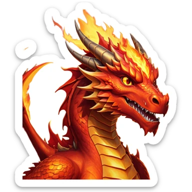 cinematic-noble-fierce-fire-dragon-portrait-emoji,-poised-and-imposing,-with-a-muscular,-scaled-body-ablaze-in-fiery-hues-of-crimson,-molten-orange,-and-molten-gold,-and-intense,-burning-eyes-that-mirror-the-heart-of-a-volcano;-rendered in detail sticker