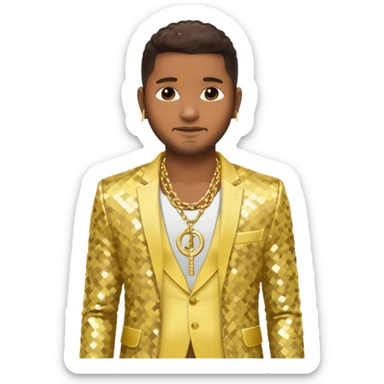 Usher with dark brown, pale yellow sequin suit jacket, shirtless with necklace sticker