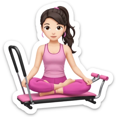 european white woman with dark wavy hair in ponytail using a pink set doing pilates sticker