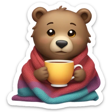 Cozy bear in a blanket drinking tea sticker