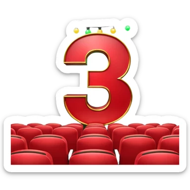 A 3D number 3 in a movie theater setting, shiny red surface; bright string lights on the number, the border is green with tiny string lights like stroke ; cinematic glow with subtle haze; glossy, premium Hollywood countdown look; centered composition. sticker