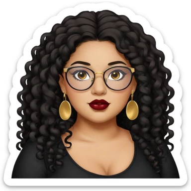 teen big plus size, latina, darker tan skin, gold earrings, long black curly hair, baddie,pretty, makeup, dark red lipgloss, black eyeliner, long hair, black top, black glasses sticker