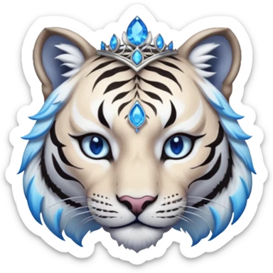 ESO Female white/black tiger khajiit leader of the umbral rose, glowing blue eyes, glowing blue 'third eye' gem; shadow umbral gem silver tiara sticker