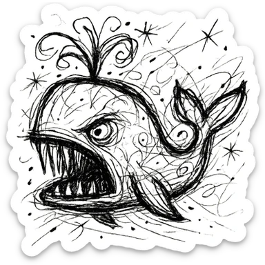 chaotic icon of Moby Dick whale, expressive lines, energetic sticker
