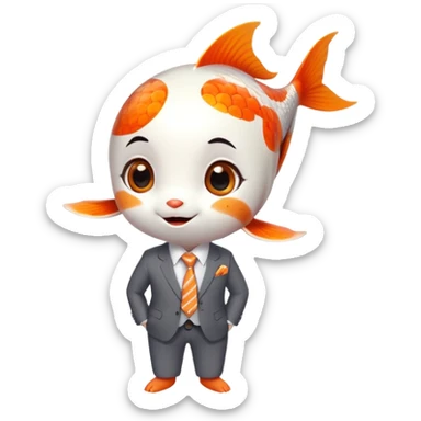 A super cute and fun koi fish character with big anime eyes, rosy cheeks, playful smile, sleek rounded body with orange and white patterns, wearing a neat business suit, white shirt, and tiny tie sticker
