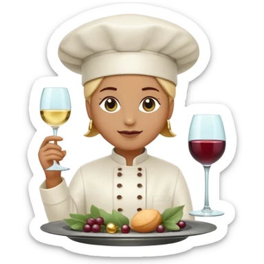 6 luxury catering emojis, 'Epicurea' style: minimalist 3D glassmorphism. Sage, wine, slate colors. Icons: gold chef hat, wine glass, gourmet dish, sparkles, silver tray, 'E' monogram. Clean, professional, transparent BG. sticker