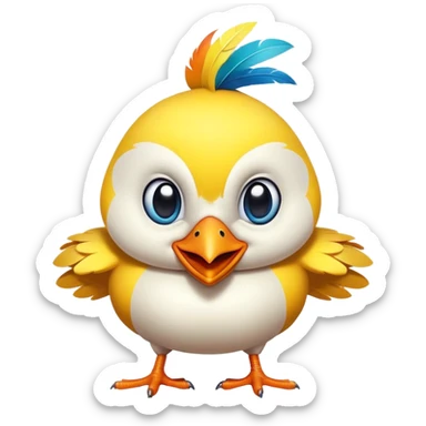 Create a quirky, hilarious, and expressive cartoon bird mascot. The bird should have a playful and mischievous personality, with oversized, goofy eyes and a wide, cheeky grin. Its feathers should be bright and colorful (think tropical or neon shades) to make it visually pop. The design should be sleek and modern, with rounded, soft edges and a slightly exaggerated, chubby body for a cute yet funny look. Give it dynamic, energetic poses—flapping excitedly, side-eyeing like a meme, or looking smugly intelligent. The bird should feel like a digital assistant—friendly, witty, and a little sassy, ready to interact with users in a fun way sticker