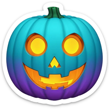 futuristic glowing jack-o-lantern emoji face, purple and cyan carved glow, dark background sticker