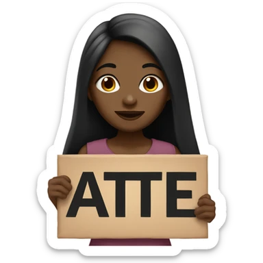 A brown skin girl with black long straight hair holding a sign that says "ate" sticker