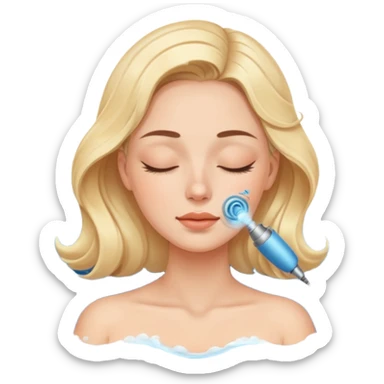Emoji of a woman with eyes closed, getting an ultrasonic cavitation treatment on her cheek, blue waves showing vibration sticker