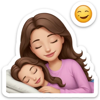 girl with wavy long brown hair, brown eyes, light to medium complexion, long lashes, light pink lipstick, smiling, wearing light pink shirt, sleeping sticker