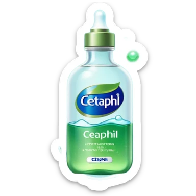 Cetaphil white bottle with light green flip cap and blue-green label, glowing softly. Surrounded by tiny light orbs and silky sparkles flowing like hydration waves. Feels like a gentle skin shield potion in a glossy, minimalist flask. sticker