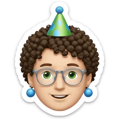 A white guy with curly brown hair and green eyes with a happy face, and wear square black glasses.He’s also got a full silver birthday party hat on his head with blue pom poms on top of it, and his T-shirt is all black, he wears a little gold circle earrings on his left  sticker