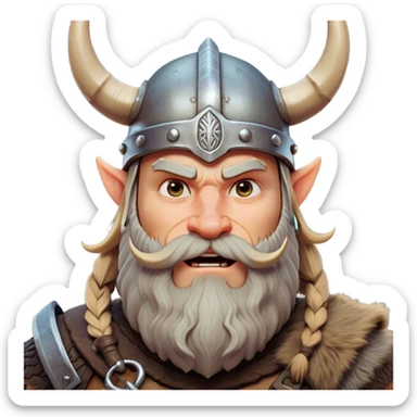 Clash of Clans aesthetic: Cinematic Comical Viking Portrait Emoji, Head tilted dramatically with an exaggerated, fun expression and wide, comically expressive eyes, featuring a rugged yet cartoonish build with a quirky Viking helmet with oversized horns and a playful beard, his face rendered in natural skin tone, Simplified yet hilariously expressive features, highly detailed, glowing with a slightly sassy, vibrant radiance, high shine, dramatic yet playful, stylized with an air of cheeky Nordic mischief, soft glowing outline, capturing the essence of a meme-worthy Viking bringing humor to epic adventures! sticker