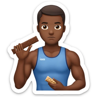 A male athlete holding a protein bar and frowning deeply sticker