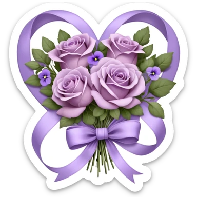 A vintage bouquet of wilted mauve roses, delicate violet pansies, and fragrant lavender sprigs is gently wrapped in soft lilac silk ribbons, tied into a loose, romantic bow, with a small heart-shaped locket resting among the petals, whispering secrets of a love long past sticker