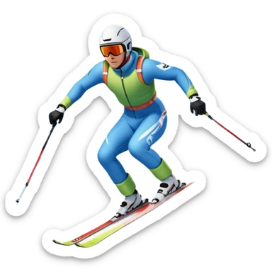 An icon featuring a skier racing down a snow-covered slope, surrounded by snowy peaks, pine trees, and a picturesque mountain landscape. The sky is blue with soft clouds, capturing the thrill and beauty of alpine skiing. Transparent background  sticker