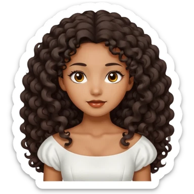 Dark tanned skin girl with very dark brown very big long curly hair, very dark Asian eyes, white dress at boatneck neckline   sticker