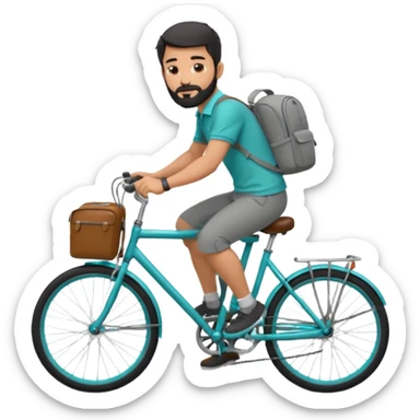 a man with a grey backpack and a torquoise byciycl and he has black shot=rt man hair and a beard with a polo grey shirt and dress pants and hes riding it sticker