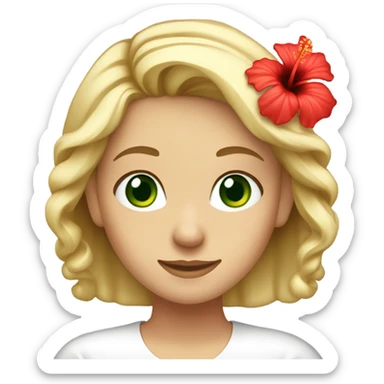 Blonde haired girl with green eyes one red hibiscus flower in her hair wearing a white top sticker