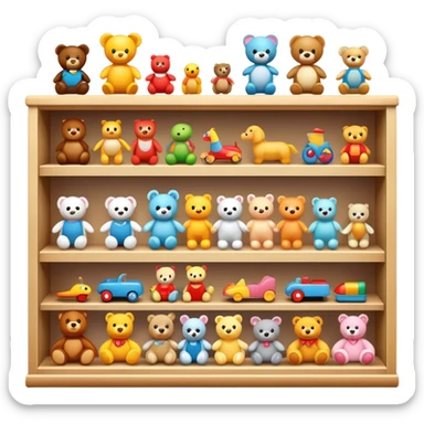 Icon for Toy Collecting: a collection of various vintage toys such as dolls, action figures and plush animals, displayed neatly on shelves or in display cases. The icon should evoke the joy and nostalgia of collecting toys. Transparent background. sticker