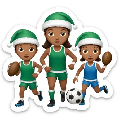 crie a imagem de 3 atletas de modalidades diferentes, usando elementos esportivos, como por exemplo bola, raquete, luvas de luta... e usando um chápeu de papai noel das cores verde e azul. sticker