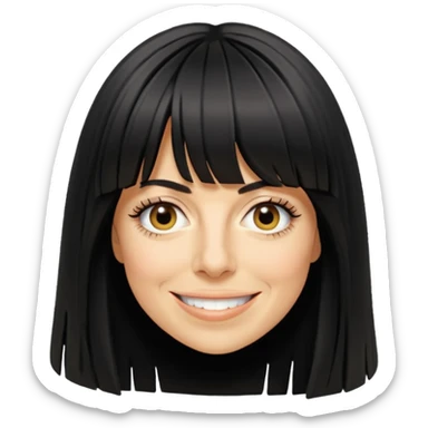 Claudia Winkleman with a very thick long fringe sticker