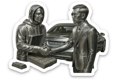 Edit the Indian man to wear a hoodie with a chrome hood, keep his goatee, add money on the side, and make the AMG car chrome. Keep the background transparent. sticker