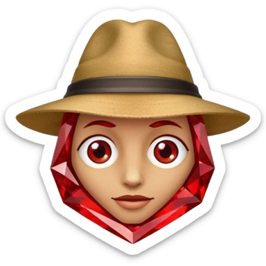 A single red crystal gemstone character wearing hat,  irregular with faceted very sharp sides,, , high detail, sticker