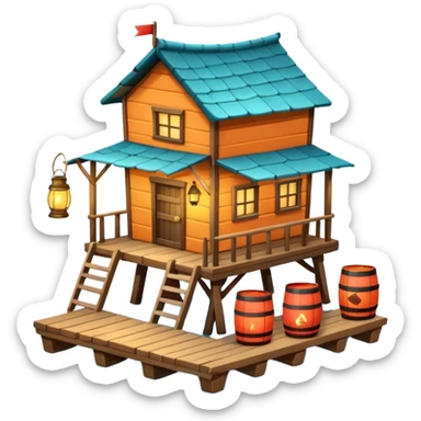 
fisherman house on a wooden pier, small dock, fishing nets hanging, barrels, lantern, ocean vibe, 3D cartoon, cute mobile game icon, clean background, no text
 sticker