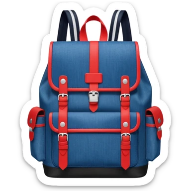 Minimalist emoji-style icon of a stylish blue denim backpack with a flap top, two vertical black buckle straps, a large red-white-navy horizontal block in the center, and two zipper side pockets. Inspired by Tommy Jeans design. Front view, cartoon-like, clean design.

 sticker