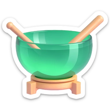 green crystal singing bowl with a mallet resting inside, sparkling and translucent, minimalistic style sticker