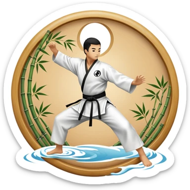 An icon symbolizing Eastern martial arts in the style of an emblem, featuring a black-and-white Yin-Yang symbol at the center. A martial artist is performing a fluid kick, surrounded by elements like a dojo and bamboo. Transparent background highlights balance and harmony. sticker