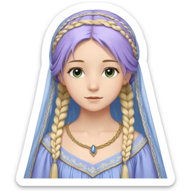Joven de unos 20 años, de aspecto dulce y elegante.
Piel clara, ojos (pueden ser azules o verdes)
Rubio o castaño claro, largo, con trenzas o velo.
Vestido largo de tonos suaves (blanco, azul o lavanda), con bordados dorados; un manto o toca fina cubriendo la cabeza. Todo el cuerpo sticker
