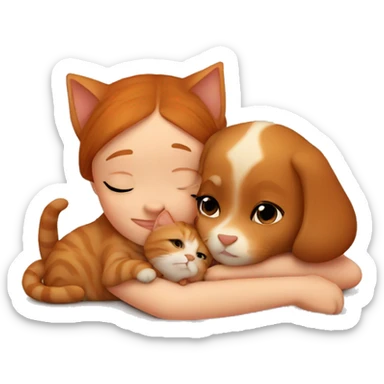 Small cute Ginger cat cuddling cute brown girl puppy sticker