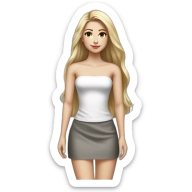 hyperrealist caucasian long hair blonde brown eyes strapless white top gray tight mini skirt black shoes full body sticker